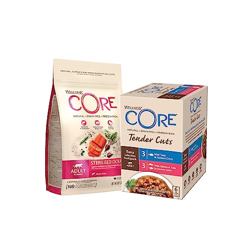 Wellness CORE Katzenfutter Probierpaket Fisch, Trockenfutter (300 g, Lachs) + Nassfutter (6 x 85 g, Thunfisch + Lachs & Thunfisch), geeignet für empfindliche Katzen, getreidefrei, hoher Fleischanteil von Wellness CORE