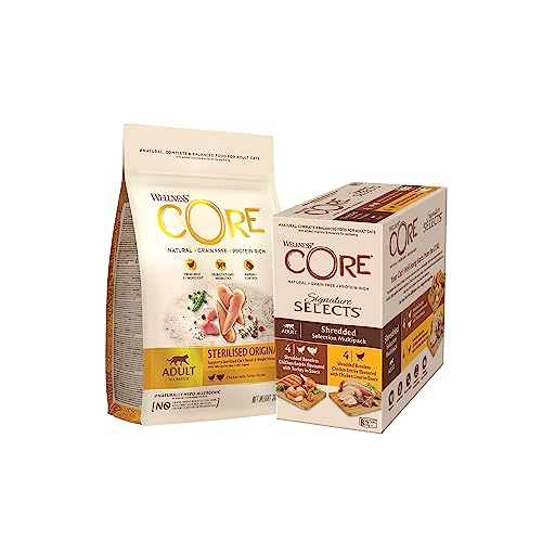 Wellness CORE Katzenfutter Probierpaket - Trockenfutter für Sterilisierte Katzen (300 g, Huhn & Pute) und Nassfutter (8 x 79 g, Huhn & Pute + Hühnerleber), Getreidefrei, Hoher Fleischanteil von Wellness CORE