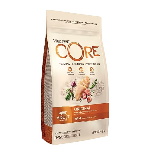 Wellness CORE Original, Pute & Huhn, 1,75 kg, Katzenfutter trocken für ausgewachsene Katzen, ohne Zuckerzusatz, getreidefrei, mit hohem Fleischanteil, beugt Haarballen vor von Wellness CORE