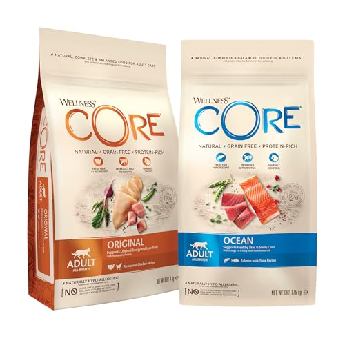 Wellness CORE Probierpaket, Katzenfutter trocken für ausgewachsene Katzen, Lachs & Thunfisch, Pute & Huhn, 2 x 1.75kg, ohne Zuckerzusatz, getreidefrei, mit hohem Fleischanteil von Wellness CORE