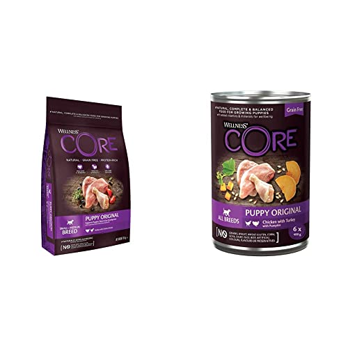 Wellness CORE Puppy Original, Welpenfutter trocken für kleine & mittelgroße Welpen, Pute & Huhn, 10 kg & Puppy Original, Welpenfutter nass, Huhn & Pute, 6 x 400 g von Wellness CORE