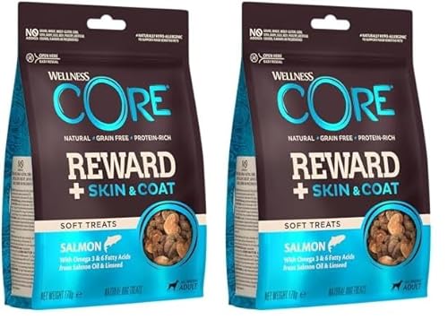 Wellness CORE Reward+ Lachs, Hundeleckerli zur Belohnung, fördert gesunde Haut & glänzendes Fell, weich, getreidefrei, 170g (Packung mit 2) von Wellness CORE