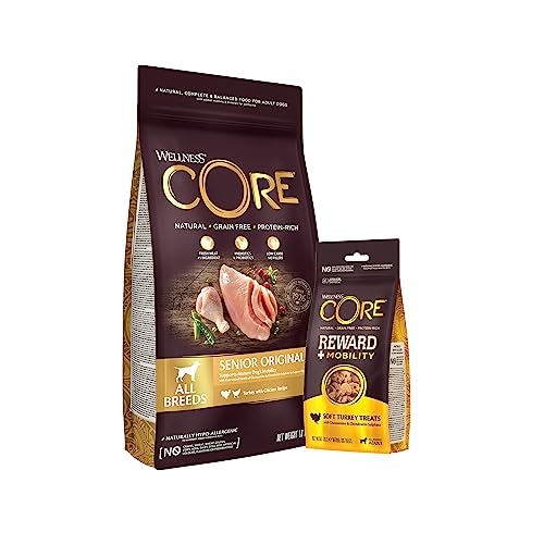 Wellness CORE Senior Probierpaket, Hundefutter trocken (1,8 Kg, Pute) + Leckerlis (170 g, Pute), zur Unterstützung von Huften & Gelenken, getreidefrei, hoher Fleischanteil von Wellness CORE