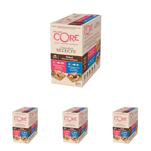 Wellness CORE Signature Selects, Flaked Selection Mix, 8 x 79 g, Nassfutter für ausgewachsene Katzen in Brühe, ohne Zuckerzusatz, getreidefrei, mit hohem Fleischanteil (Packung mit 4) von Wellness CORE
