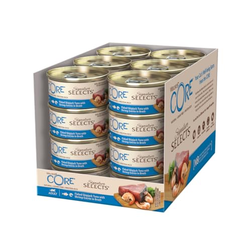 Wellness CORE Signature Selects, Katzenfutter nass in Brühe, getreidefrei, hoher Fleischanteil, Flaked, Bonito & Garnelen, 24 x 79 g von Wellness CORE