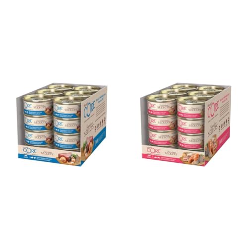 Wellness CORE Signature Selects Fisch-Bündel, 48 x 79g, Flaked Bonito & Garnelen, Flaked Bonito & Lachs, Nassfutter für ausgewachsene Katzen in Brühe, ohne Zuckerzusatz, getreidefrei, mit hohem Fleisc von Wellness CORE