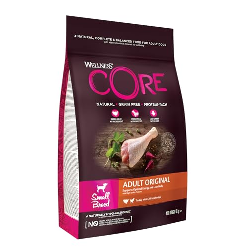 Wellness CORE Small Breed Adult Original, Hundefutter trocken für kleine Hunde, getreidefrei, mit hohem Fleischanteil, Pute & Huhn, 5 kg von Wellness CORE