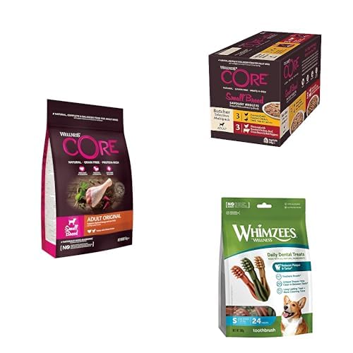 Wellness CORE Small Breed Original, Pute & Huhn, 5 kg + Wellness CORE Small Breed Savoury Medleys, Hundefutter nass für kleine Hunde 6 x 85 g + WHIMZEES by Wellness Zahnbürste, 24 Stück Wellness CORE Small Breed Original, Pute & Huhn, 5 kg + Wellness CORE Small Breed Savoury Medleys, Hundefutter nass für kleine Hunde 6 x 85 g + WHIMZEES by Wellness Zahnbürste, 24 Stück von Wellness CORE