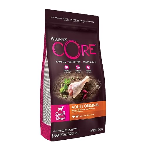 Wellness CORE Small Breed Adult Original, Hundefutter trocken für kleine Hunde, getreidefrei, mit hohem Fleischanteil, Pute & Huhn, 1,5 kg von Wellness CORE