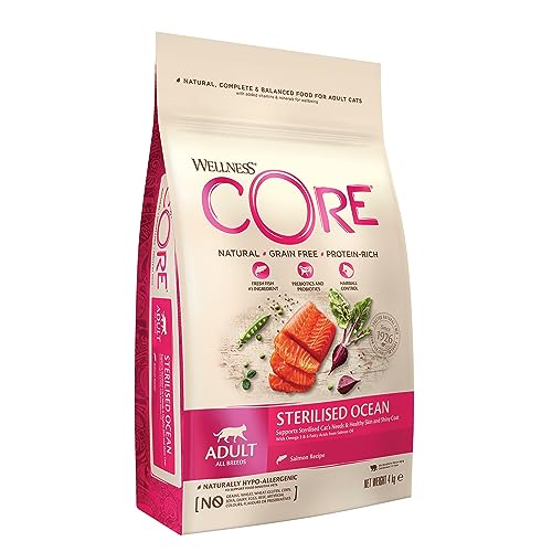 Wellness CORE Sterilised Ocean, Katzenfutter trocken für sterilisierte Katzen, getreidefrei, hoher Fleischanteil, Lachs & Thunfisch, 4 kg von Wellness CORE