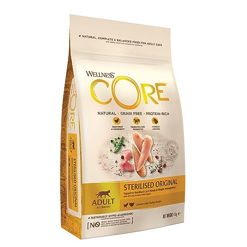 Wellness CORE Sterilised Original, Katzenfutter trocken für sterilisierte Katzen, getreidefrei, hoher Fleischanteil, Pute & Huhn, 4 kg von Wellness CORE