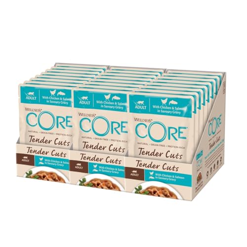 Wellness CORE Tender Cuts, Katzenfutter nass in Sauce, getreidefrei, hoher Fleischanteil, Huhn & Lachs, 24 x 85 g von Wellness CORE