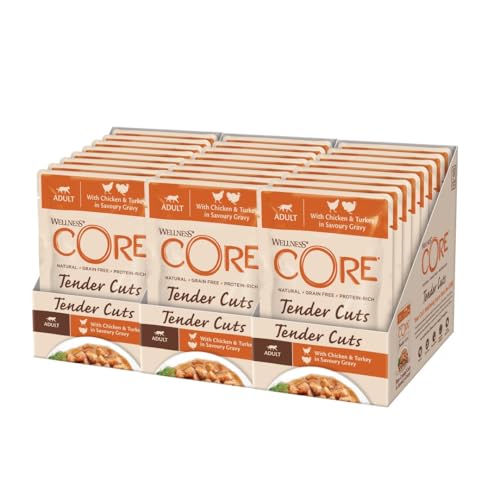 Wellness CORE Tender Cuts, Katzenfutter nass in Sauce, getreidefrei, hoher Fleischanteil, Huhn & Pute, 24 x 85 g von Wellness CORE