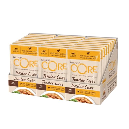 Wellness CORE Tender Cuts, Katzenfutter nass, zarte Stückchen in Sauce, getreidefrei, mit hohem Fleischanteil, Huhn & Hühnerleber, 24 x 85 g von Wellness CORE