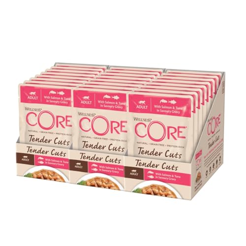 Wellness CORE Tender Cuts, Katzenfutter nass in Sauce, getreidefrei, hoher Fleischanteil, Lachs & Thunfisch, 24 x 85 g von Wellness CORE