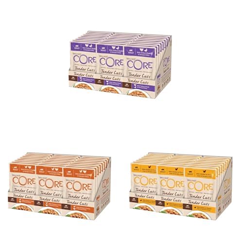 Wellness CORE Tender Cuts Fleisch-Bündel, 72 x 79g, Pute & Ente, Huhn & Pute, Huhn & Hühnerleber, Premium Nassfutter für ausgewachsene Katzen in Brühe, ohne Zuckerzusatz, getreidefrei, mit hohem Flei von Wellness CORE