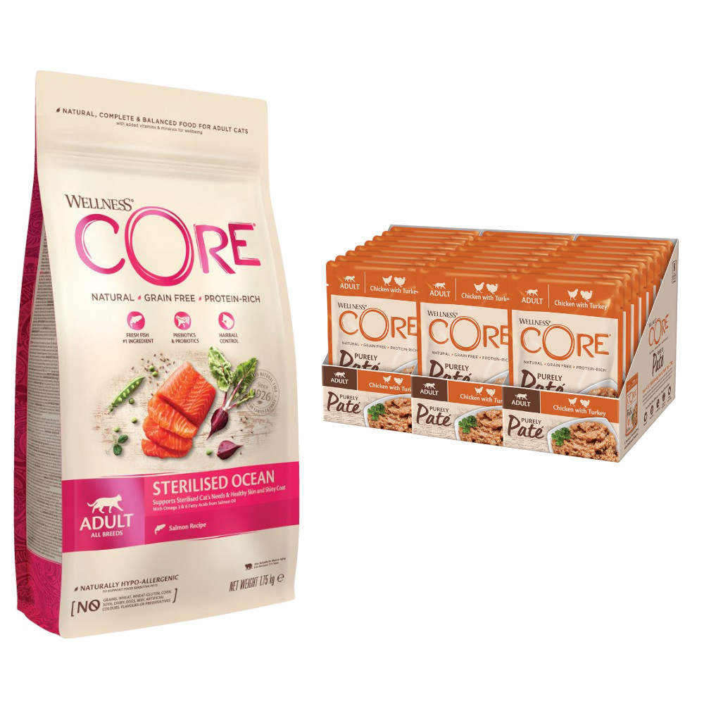 24 x 85 g Wellness Core Adult Purely Paté + 1,75 kg Sterilized Ocean Trockenfutter zum Sonderpreis! - Huhn & Pute 24 x 85 g Wellness Core Adult Purely Paté + 1,75 kg Sterilized Ocean Trockenfutter zum Sonderpreis! - Huhn & Pute von Wellness Core