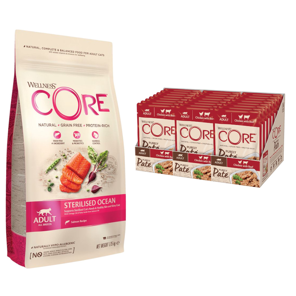 24 x 85 g Wellness Core Adult Purely Paté + 1,75 kg Sterilized Ocean Trockenfutter zum Sonderpreis! - Huhn & Rind 24 x 85 g Wellness Core Adult Purely Paté + 1,75 kg Sterilized Ocean Trockenfutter zum Sonderpreis! - Huhn & Rind von Wellness Core