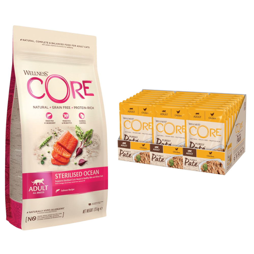 24 x 85 g Wellness Core Adult Purely Paté + 1,75 kg Sterilized Ocean Trockenfutter zum Sonderpreis! - Huhn 24 x 85 g Wellness Core Adult Purely Paté + 1,75 kg Sterilized Ocean Trockenfutter zum Sonderpreis! - Huhn von Wellness Core
