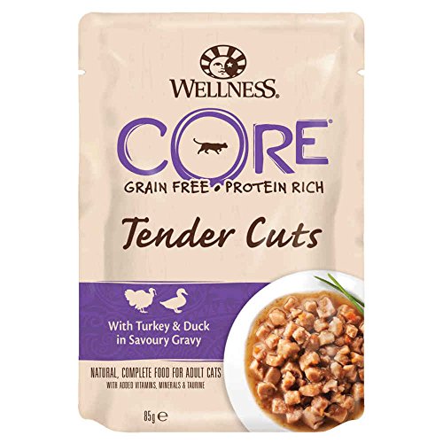 Wellness Core Nassfutter für Katzen, zarte Truthahn-Entenstücke, ideales Rezept für alle Rassen, ohne Konservierungsstoffe, 0,085 kg Fleisch, alle Rassen von Wellness