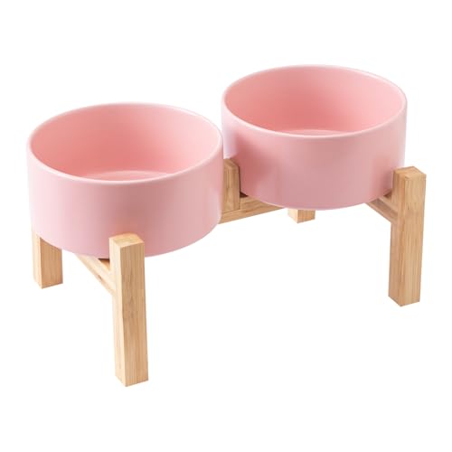 Welloyed Erhöhtes Keramik-Hundenapf-Set – Erhöhte Hundenäpfe mit rutschfestem Bambus-Ständer, Futter- und Wassernapf-Set für kleine und mittelgroße Hunde, Haustiernäpfe, gewichtete Hundenäpfe (15,2 cm von Welloyed
