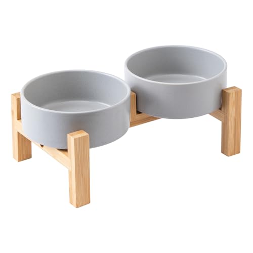 Welloyed Erhöhtes Keramik-Hundenapf-Set – Erhöhter Hundenapf mit rutschfestem Bambus-Ständer, Futter- und Wassernapf-Set für Kätzchen, Katzen und Spielzeuge, Haustiernäpfe, gewichtete Hundeschüssel von Welloyed