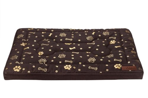 Welsti Hundebett Waschbar - 2-in-1 Hundematratze und Hundematte - Hunde Bett mit Rutschfestem Boden - Schaumstofffüllung 100x70x6 cm - Braun mit Goldenen Knochen und Pfoten von Welsti