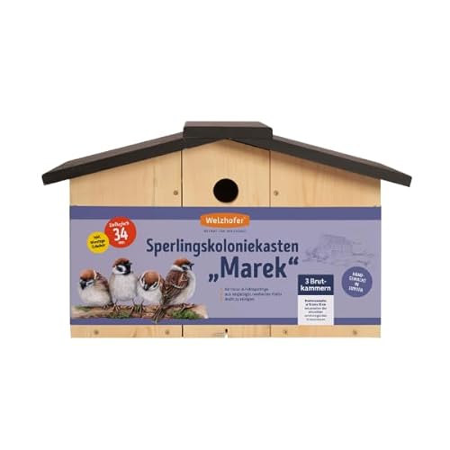 Welzhofer Sperlingskoloniekasten Marek, Sperlingskoloniehaus mit 3 Brutkammern aus Kieferholz, 34mm Einflugloch, handgefertigt in Europa, für Haus- & Feldsperlinge, Spatzenhaus leicht zu reinigen von Welzhofer