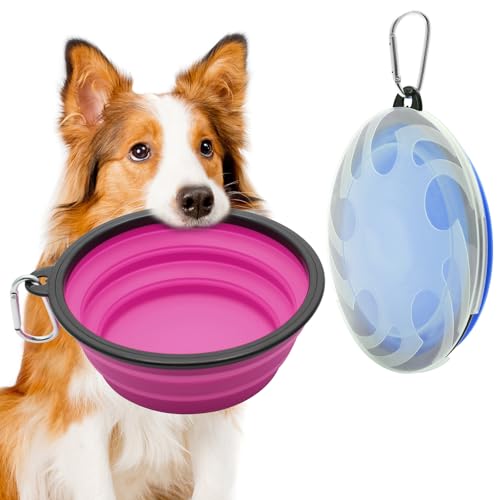 2 Stück Großer Hundenapf Faltbar, 1000 ml / 35 oz Faltbare Hundereisenäpfe, tragbarer Hundewasserfutternapf mit Verschluss, Haustier-Katzen-Futterbecher für Reisen, Wandern (Blau + Lila) von Weniubit