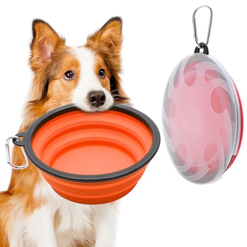 2 Stück Großer Hundenapf Faltbar, 1000 ml / 35 oz Faltbare Hundereisenäpfe, tragbarer Hundewasserfutternapf mit Verschluss, Haustier-Katzen-Futterbecher für Reisen, Wandern (Rot + Orange) von Weniubit