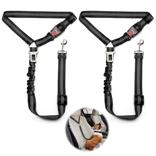 2 Stück Verstellbarer Hundegurt fürs Auto, Sicherheitsgurt Hunde mit Ruckdämpfer Elastisch, Hunde Sicherheitsgurt Auto für Kleine Mittelgroße große Hunde und Alle Autotypen, (2 Schwarz) von Weniubit