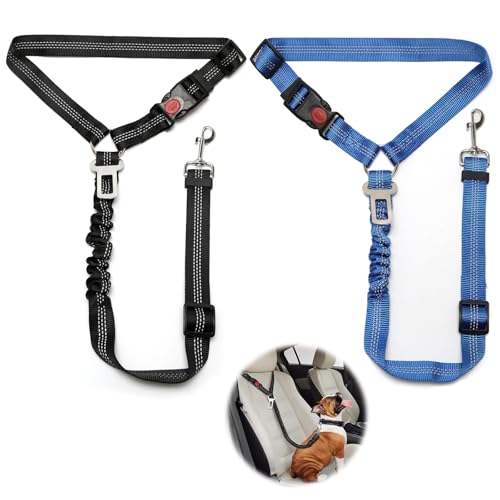 2 Stück Verstellbarer Hundegurt fürs Auto, Sicherheitsgurt Hunde mit Ruckdämpfer Elastisch, Hunde Sicherheitsgurt Auto für Kleine Mittelgroße große Hunde und Alle Autotypen, Schwarz + Blau von Weniubit