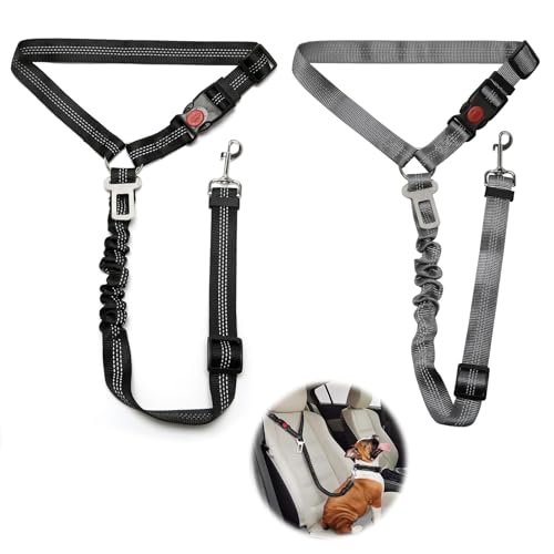 2 Stück Verstellbarer Hundegurt fürs Auto, Sicherheitsgurt Hunde mit Ruckdämpfer Elastisch, Hunde Sicherheitsgurt Auto für Kleine Mittelgroße große Hunde und Alle Autotypen, Schwarz + Grau von Weniubit