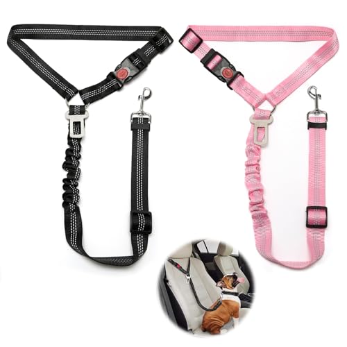 2 Stück Verstellbarer Hundegurt fürs Auto, Sicherheitsgurt Hunde mit Ruckdämpfer Elastisch, Hunde Sicherheitsgurt Auto für Kleine Mittelgroße große Hunde und Alle Autotypen, Schwarz + Rosa von Weniubit