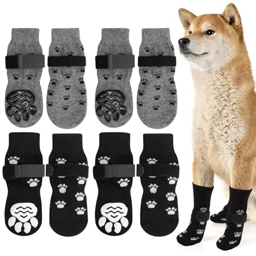 Weniubit 4 Paar Hundesocken Anti Rutsch Doppelseitige, Hundesocken Leckschutz mit Verstellbaren Riemen, Hunde Socken für Hunde im Innenbereich im Freien (S) von Weniubit