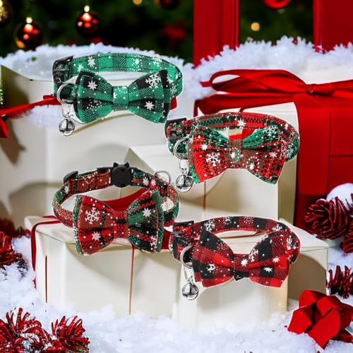 4 Stücke Weihnachten Katze Halsband Verstellbar, Rote Grüne Karierte Schneeflocken Katzenhalsbänder, Fliege Kragen mit Glocke Sicherheit Schnellverschluss, Geeignet für Katzen und Haustiere von Wenyue