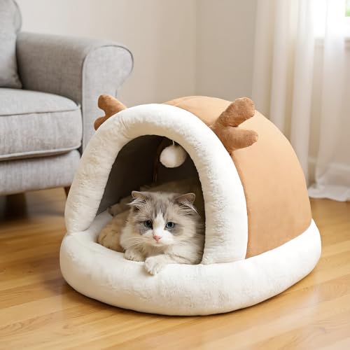 Weqizuerqi Katzenbett Höhle,Warmes Katzenbett Überzogenes Haustiernest | rutschfeste Winter Möbel Haustierzubehör Für Kitten Welpe Innen Außen Schlafzimmer Wohnzimmer Beruhigend von Weqizuerqi