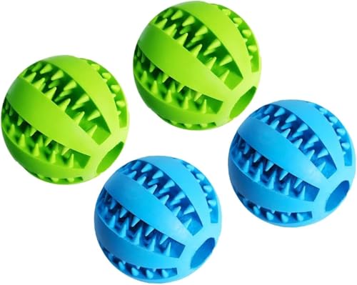 Kauspielzeug für Hunde, Zahnpflege-Ball mit Leckerli-Spender, Zahnlinderung, Blau & Grün, 4 Stück (4 Stück) von Werwing