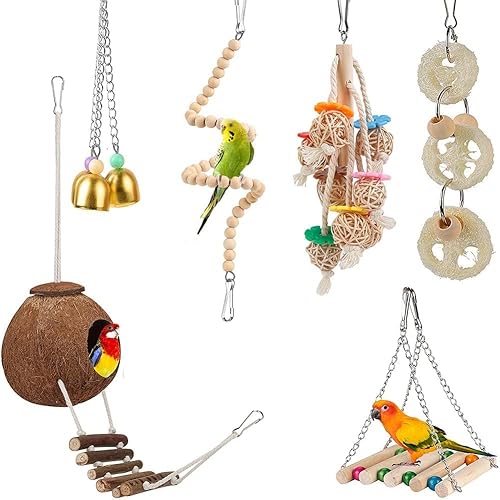 Werwing 6-teiliges Vogelspielzeug Set für Papageien & Sittiche - Schaukel Hängematte Leiter Kauspielzeug & Sitzstangen | Natürliches Käfigzubehör für Nymphensittiche, Lovebirds, Wellensittiche von Werwing