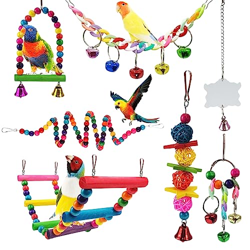 Werwing 7-teiliges Multi-Aktivitäts-Vogelspielzeug-Set | Naturholzkäfigzubehör für Sittiche, Papageien, Nymphensittiche, Unzertrennliche | Kletterkauen, Sitzplatz von Werwing