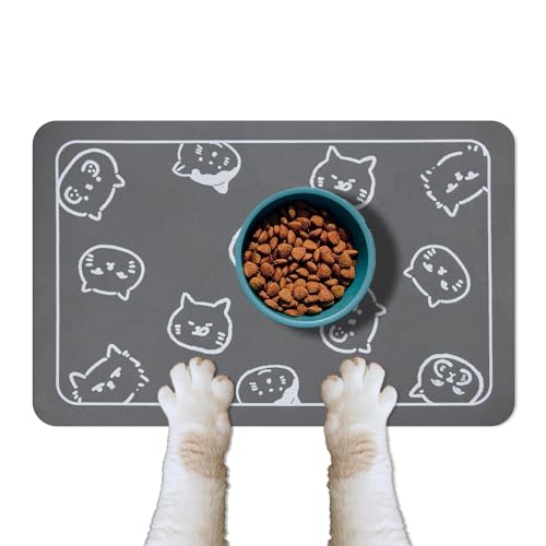 Werwing Haustier-Futtermatte für Katzen und Hunde, super saugfähig, rutschfest, Platzdeckchen und Wassernäpfe, 46 x 30 cm, wasserdicht, Katzen-/Hundenapf-Matte mit verspieltem Katzenkopf-Design von Werwing