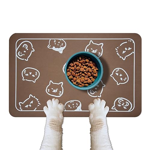 Werwing Haustier-Futtermatte für Katzen und Hunde, super saugfähig, rutschfest, Platzdeckchen und Wassernäpfe, 46 x 30 cm, wasserdicht, Katzen-/Hundenapf-Matte mit verspieltem Katzenkopf-Design von Werwing