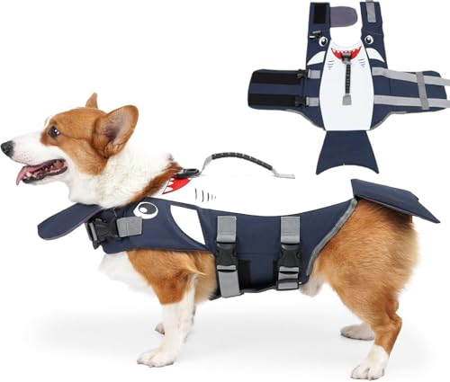 Werwing Hundeschwimmweste mit Cartoon-Hai-Motiv, verstellbare Schwimmweste mit Rettungsgriff, D-Ring und reflektierendem Design für kleine, mittelgroße Hunde, Schwimmausrüstung für Boot, Schwimmen von Werwing
