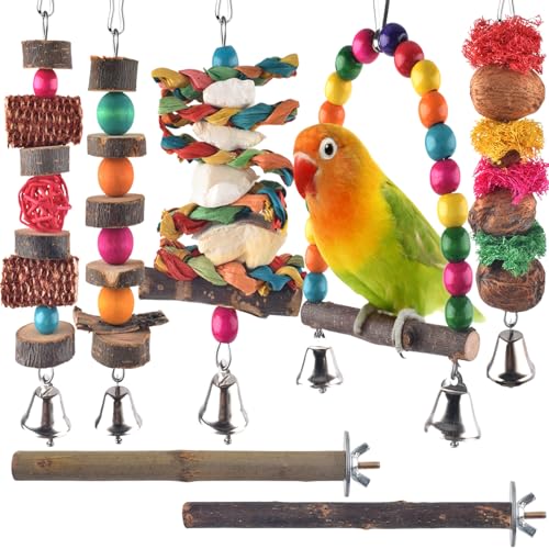 Werwing Vogel-Sitzstange & Kauspielzeug aus natürlichem Holz – 7 Packungen Hängekäfigzubehör für Sittiche, Nymphensittiche, Sittiche, Sittiche, Wellensittiche und kleine Vögel von Werwing