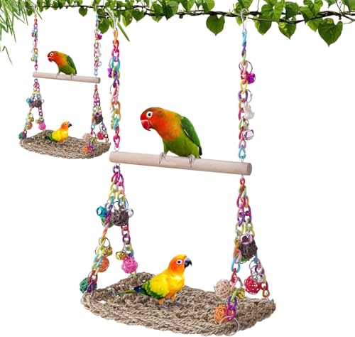 Werwing Vogelschaukelspielzeug mit Holzstange und Seegras-Hängematte, multifunktionales Kletter-, Kau- und Ruhespielzeug für Sittiche, Nymphensittiche, Unzertrennliche, 2 Stück von Werwing