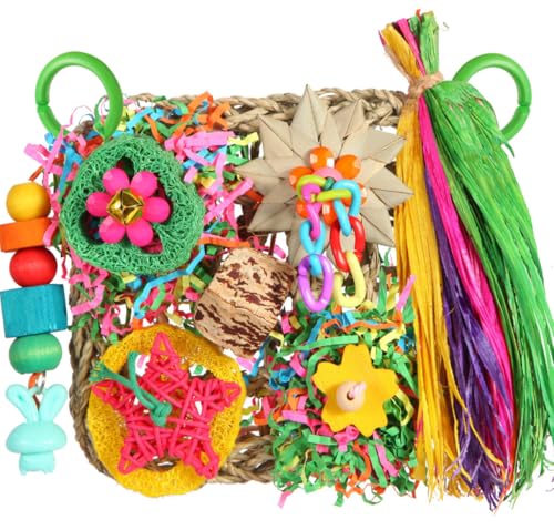 Werwing Vogelspielzeug Futtersuche Spielplatz & Kletterwand - Natürliche Seegrasmatte mit Kauspielzeug für Papageien, Sittiche, Nymphensittiche | Käfigzubehör Hängematte Sitzstange von Werwing
