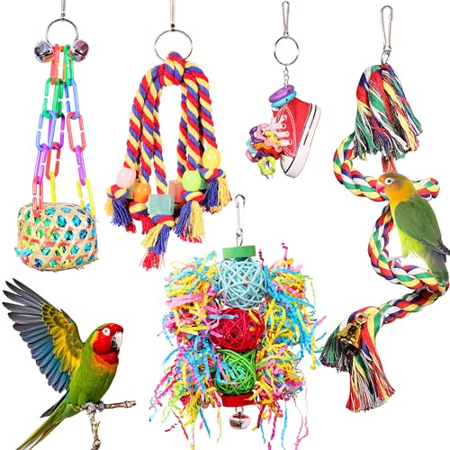 Werwing Vogelspielzeug und Seilsitz-Set mit Glocken, Futtersuche, Klettern, Kauspielzeug für Sittiche, Papageien, Nymphensittiche, Käfigzubehör, 5-teilig von Werwing
