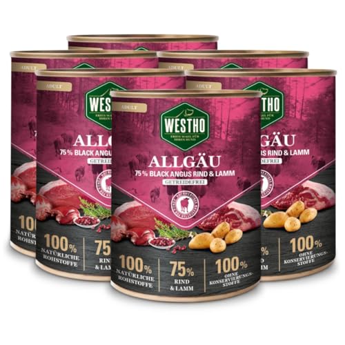 Westho Nassfutter Allgäu Adult Senioren (6 x 800 g) | 75% Black-Angus-Rind und Lamm | Getreidefrei| Hundefutter für aktive Hunde jeder Rasse | Reich an Antioxidantien von Westho