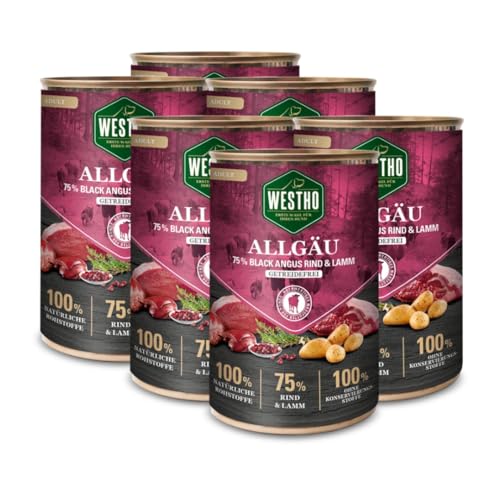 Westho Nassfutter Allgäu Adult Senioren (6 x 400 g) | 75% Black-Angus-Rind und Lamm | Getreidefrei | Hundefutter für aktive Hunde jeder Rasse | Reich an Antioxidantien von Westho