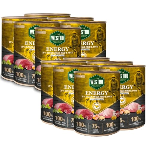 Nassfutter Energy Adult (12 x 800g) | 75% Black-Angus-Rind und Pute | Lebensmittelqualität | Getreidefrei | Für ausgewachsene Hunde | Premium Hundenassfutter mit extra viel Fleisch von Westho